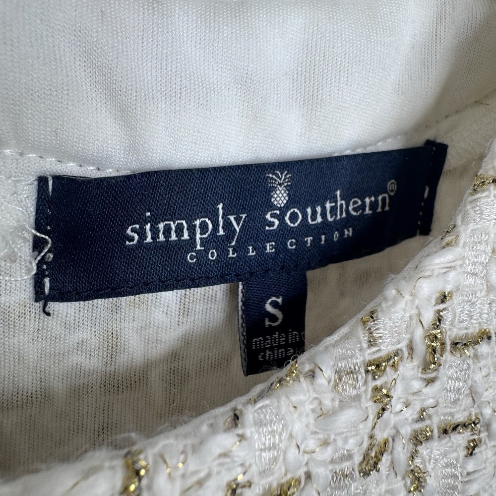 Simply Southern Tweed Dress Size S White Gold Pearl Button Puff Sleeve - Picture 5 of 9